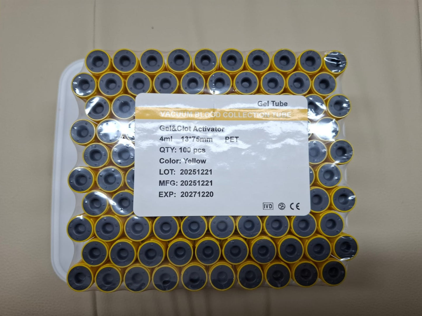 1 Bandeja 100 Tubos AMARILLOS, Toma de Muestra, GEL TUBE